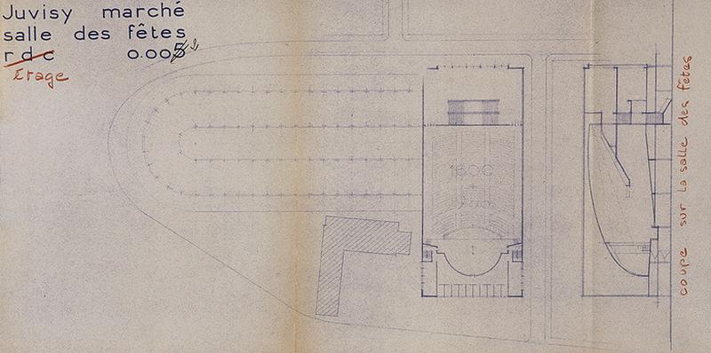 Avant-projet de salle des fêtes : plan de l'étage et coupe longitudinale de la salle de spectacle signés L. Aubert, P. Ohnenwald et E. Valdin, daté de novembre 1951. Projet non réalisé.