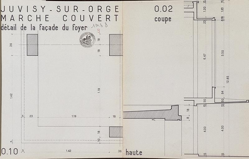 Bâtiment de la salle des fêtes : plan et coupe transversale de la façade du foyer. Document non signé, non daté (circa 1954).