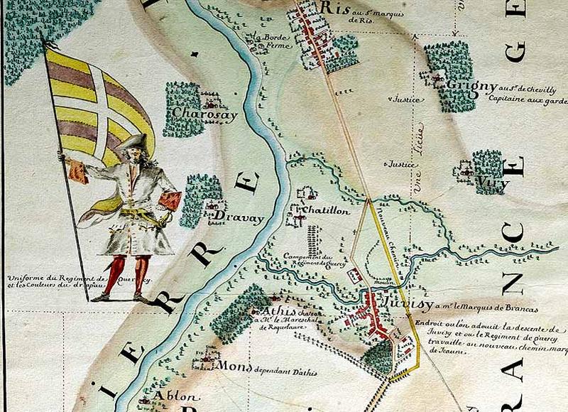 Détail de la Carte et plan figuratif du chemin de Versailles à Fontainebleau... dressé pour servir au voyage du Roy dans le mois d'août 1724', concernant la section de Juvisy.