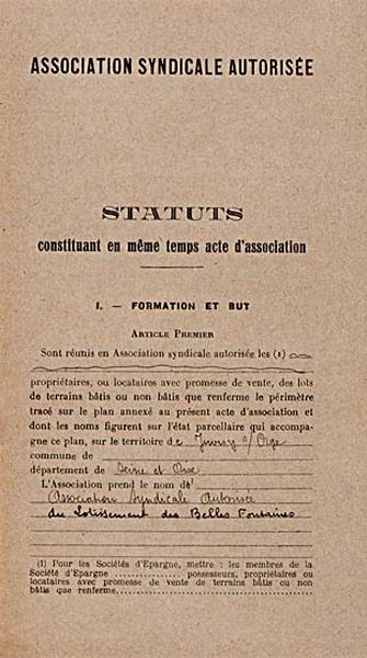 Statuts de l'Association syndicale autoriséel du lotissement des Belles fontaines, 1925.