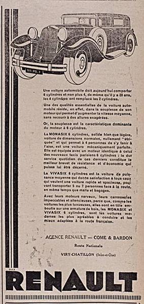 Publicité pour le garage Come et Bardon, concessionnaire des véhicules de la firme Renault, situé avenue de la Cour de France sur la R.N.7, à la limite de Juvisy et de Viry-Châtillon.