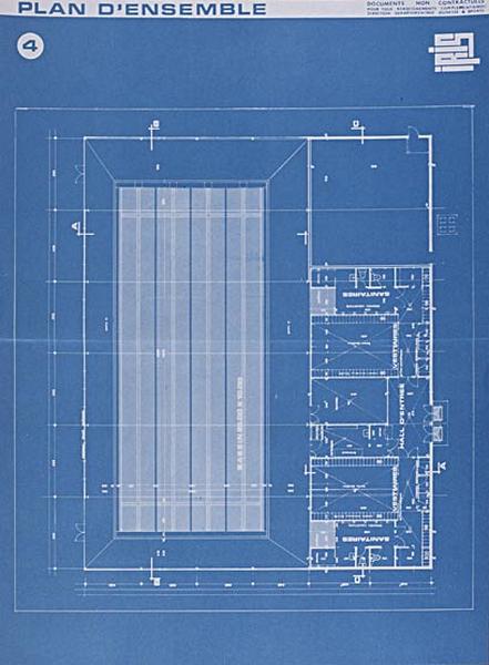 'Opération 1000 piscines' : concours nationaux sur le thème de la piscine, organisé par le Secrétariat à la Jeunesse, aux sports et aux loisirs, 1969-1970 : piscine type Iris : planche 4 de la brochure de présentation : plan d'ensemble des installations.