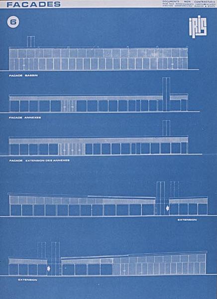 'Opération 1000 piscines' : concours nationaux sur le thème de la piscine, organisé par le Secrétariat à la Jeunesse, aux sports et aux loisirs, 1969-1970 : piscine type Iris : planche 6 de la brochure de présentation : élévations des quatre faces de l'équipement et élévation envisageable après extension.