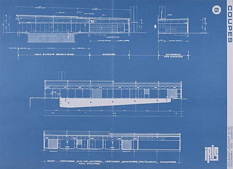 'Opération 1000 piscines' : concours nationaux sur le thème de la piscine, organisé par le Secrétariat à la Jeunesse, aux sports et aux loisirs, 1969-1970 : piscine type Iris : planche 5 de la brochure de présentation : coupes transversale, longitudinale et élévations latérale et longitudinale.