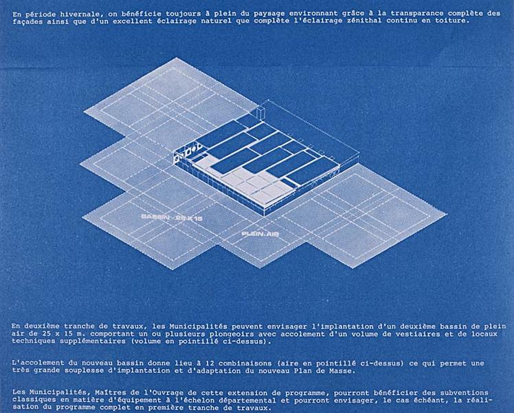 'Opération 1000 piscines' : concours nationaux sur le thème de la piscine, organisé par le Secrétariat à la Jeunesse, aux sports et aux loisirs, 1969-1970 : piscine type Iris : planche 3 (bas de page) de la brochure de présentation : schéma des extensions ultérieures possibles.
