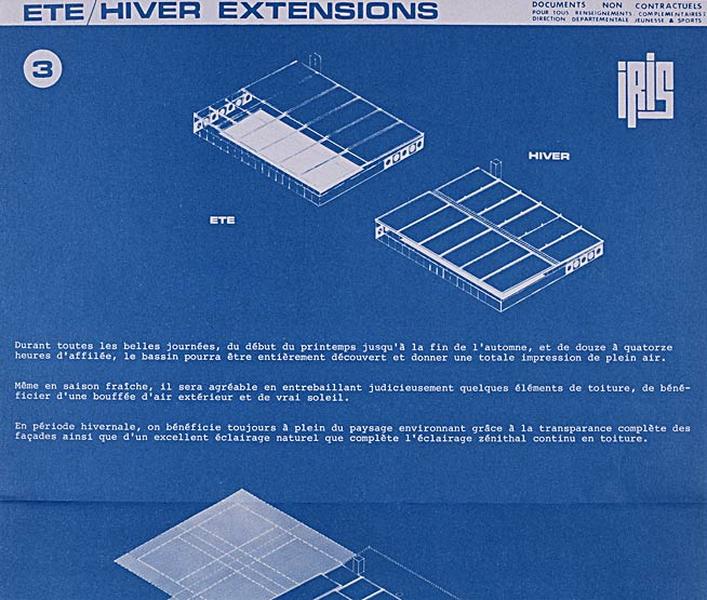 'Opération 1000 piscines' : concours nationaux sur le thème de la piscine, organisé par le Secrétariat à la Jeunesse, aux sports et aux loisirs, 1969-1970 : piscine type Iris : planche 3 (haut de page) de la brochure de présentation : schéma des transformations possibles, d'une piscine couverte en hiver à une piscine découverte en été.