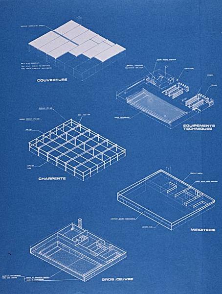 'Opération 1000 piscines' : concours nationaux sur le thème de la piscine, organisé par le Secrétariat à la Jeunesse, aux sports et aux loisirs, 1969-1970 : piscine type Iris : planche 2 de la brochure de présentation : schéma de répartition de l'intervention des corps de métier au cours du chantier de construction.