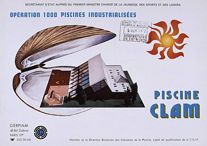 'Opération 1000 piscines' : concours nationaux sur le thème de la piscine, organisé par le Secrétariat à la Jeunesse, aux sports et aux loisirs, 1969-1970 : piscine type CLAM : couverture de la brochure de présentation.