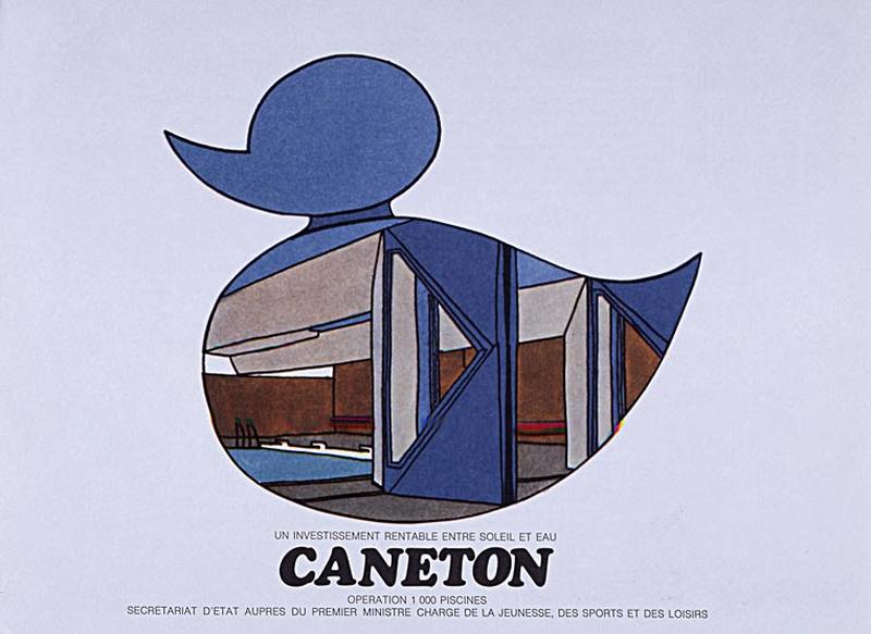 'Opération 1000 piscines' : concours nationaux sur le thème de la piscine, organisé par le Secrétariat à la Jeunesse, aux sports et aux loisirs, 1969-1970 : piscine type Caneton : couverture de la brochure de présentation.