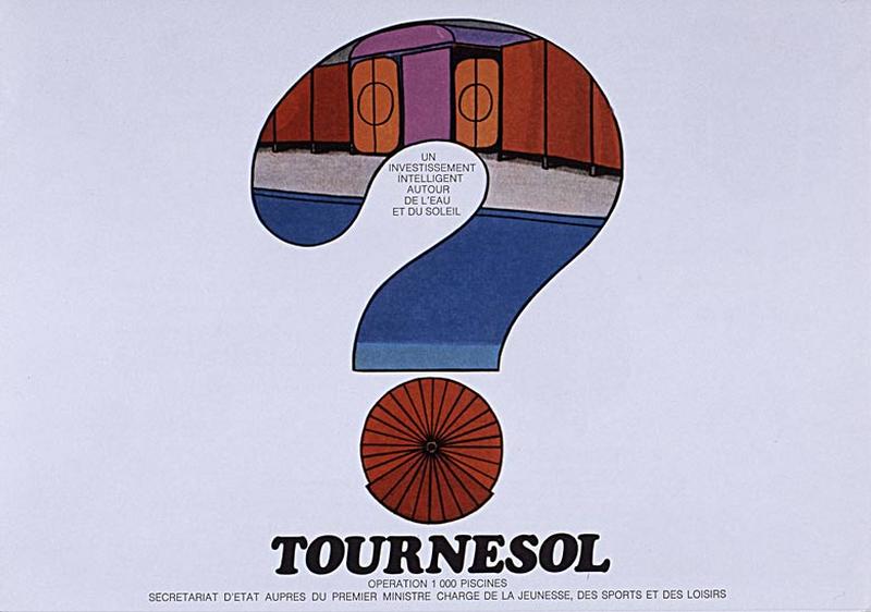 'Opération 1000 piscines' : concours nationaux sur le thème de la piscine, organisé par le Secrétariat à la Jeunesse, aux sports et aux loisirs, 1969-1970 : piscine type Tournesol : couverture de la brochure de présentation.