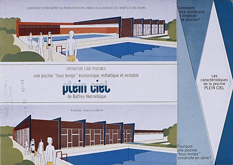 'Opération 1000 piscines' : concours nationaux sur le thème de la piscine, organisé par le Secrétariat à la Jeunesse, aux sports et aux loisirs, 1969-1970 : piscine type Plein ciel : couverture de la brochure de présentation.