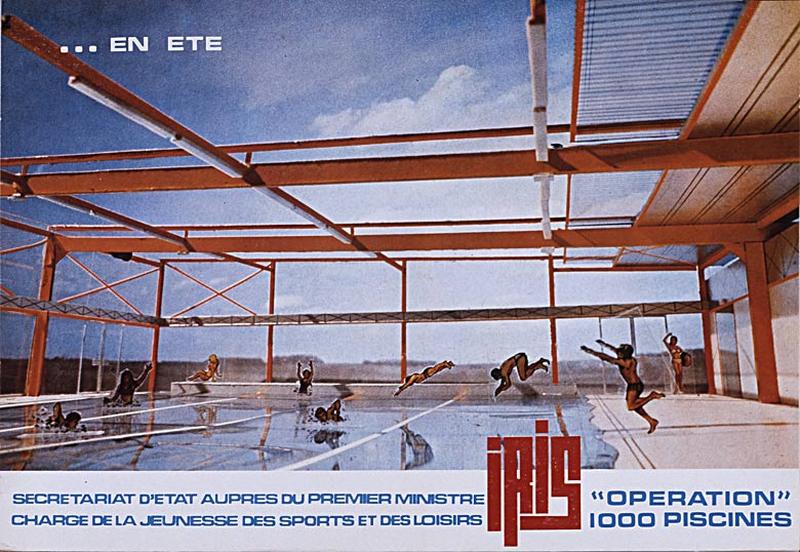 'Opération 1000 piscines' : concours nationaux sur le thème de la piscine, organisé par le Secrétariat à la Jeunesse, aux sports et aux loisirs, 1969-1970 : piscine type Iris : couverture de la brochure de présentation.