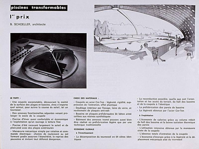 'Opération 1000 piscines' : concours nationaux sur le thème de la piscine, organisé par le Secrétariat à la Jeunesse, aux sports et aux loisirs, 1969-1970 : présentation des projets primés : 1er prix dans la catégorie des piscines transformables : élévations et caractéristiques techniques.