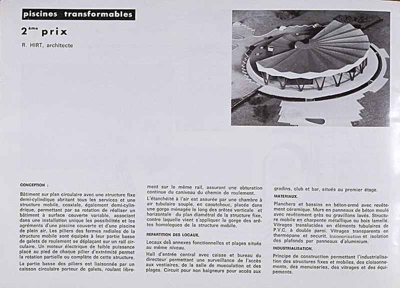 'Opération 1000 piscines' : concours nationaux sur le thème de la piscine, organisé par le Secrétariat à la Jeunesse, aux sports et aux loisirs, 1969-1970 : présentation des projets primés : 2e prix dans la catégorie des piscines transformables : élévations et caractéristiques techniques.