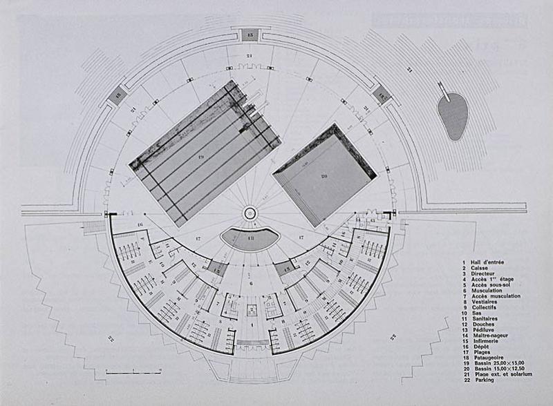 'Opération 1000 piscines' : concours nationaux sur le thème de la piscine, organisé par le Secrétariat à la Jeunesse, aux sports et aux loisirs, 1969-1970 : présentation des projets primés : 2e prix dans la catégorie des piscines transformables : plan d'ensemble.