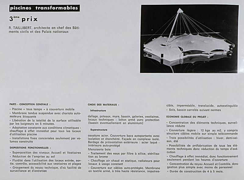 'Opération 1000 piscines' : concours nationaux sur le thème de la piscine, organisé par le Secrétariat à la Jeunesse, aux sports et aux loisirs, 1969-1970 : présentation des projets primés : 3e prix dans la catégorie des piscines transformables : élévations et caractéristiques techniques.