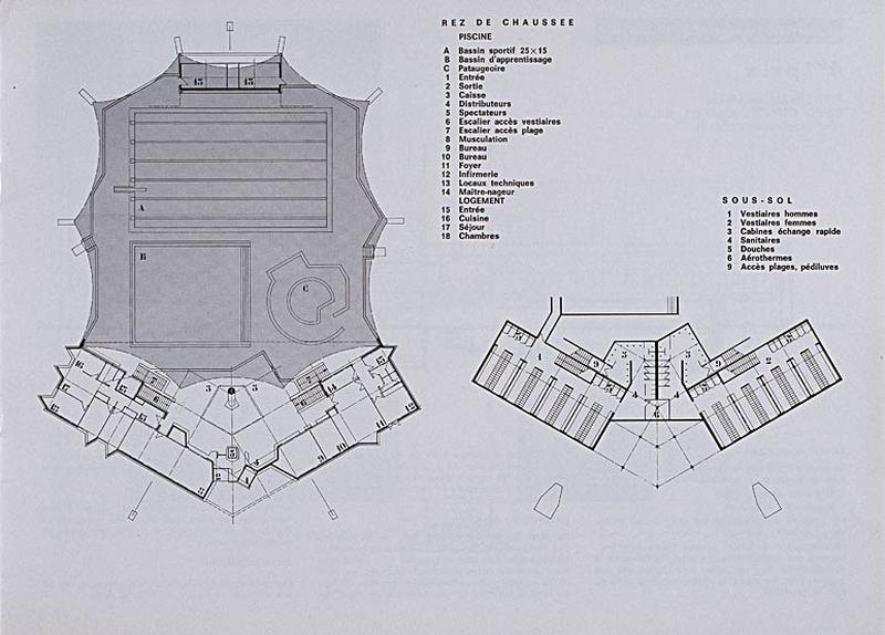 'Opération 1000 piscines' : concours nationaux sur le thème de la piscine, organisé par le Secrétariat à la Jeunesse, aux sports et aux loisirs, 1969-1970 : présentation des projets primés : 2e prix dans la catégorie des piscines transformables : plan d'ensemble du rez-de-chaussée et du sous-sol.