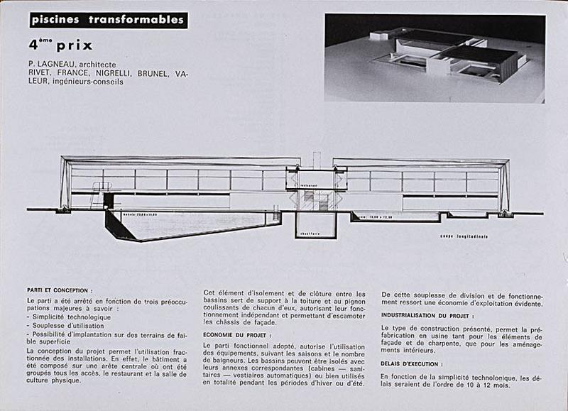 'Opération 1000 piscines' : concours nationaux sur le thème de la piscine, organisé par le Secrétariat à la Jeunesse, aux sports et aux loisirs, 1969-1970 : présentation des projets primés : 4e prix dans la catégorie des piscines transformables : élévations et coupe longitudinale.