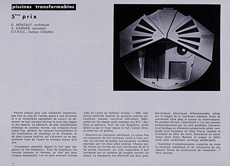 'Opération 1000 piscines' : concours nationaux sur le thème de la piscine, organisé par le Secrétariat à la Jeunesse, aux sports et aux loisirs, 1969-1970 : présentation des projets primés : 5e prix dans la catégorie des piscines transformables : vue d'ensemble et caractéristiques techniques.