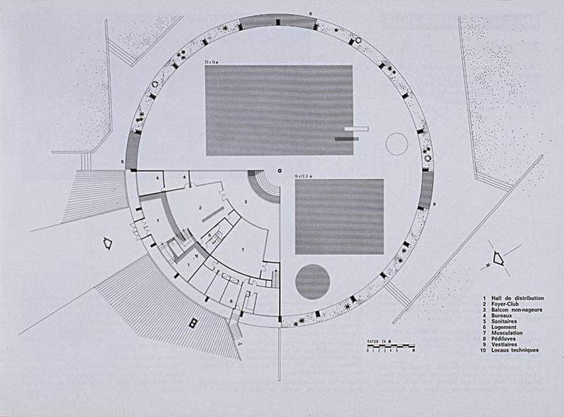 'Opération 1000 piscines' : concours nationaux sur le thème de la piscine, organisé par le Secrétariat à la Jeunesse, aux sports et aux loisirs, 1969-1970 : présentation des projets primés : 5e prix ex-aequo dans la catégorie des piscines transformables : plan d'ensemble.