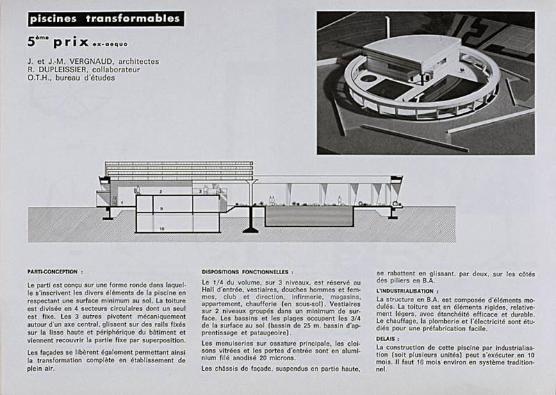 'Opération 1000 piscines' : concours nationaux sur le thème de la piscine, organisé par le Secrétariat à la Jeunesse, aux sports et aux loisirs, 1969-1970 : présentation des projets primés : 5e prix ex-aequo dans la catégorie des piscines transformables : vue d'ensemble et coupe transversale.