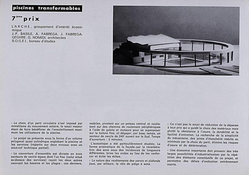 'Opération 1000 piscines' : concours nationaux sur le thème de la piscine, organisé par le Secrétariat à la Jeunesse, aux sports et aux loisirs, 1969-1970 : présentation des projets primés : 7e prix dans la catégorie des piscines transformables :vue d'ensemble et caractéristiques techniques.