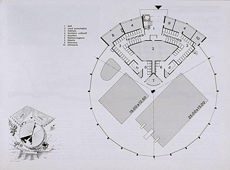 'Opération 1000 piscines' : concours nationaux sur le thème de la piscine, organisé par le Secrétariat à la Jeunesse, aux sports et aux loisirs, 1969-1970 : présentation des projets primés : 7e prix dans la catégorie des piscines transformables :plan de situation et plan d'ensemble.