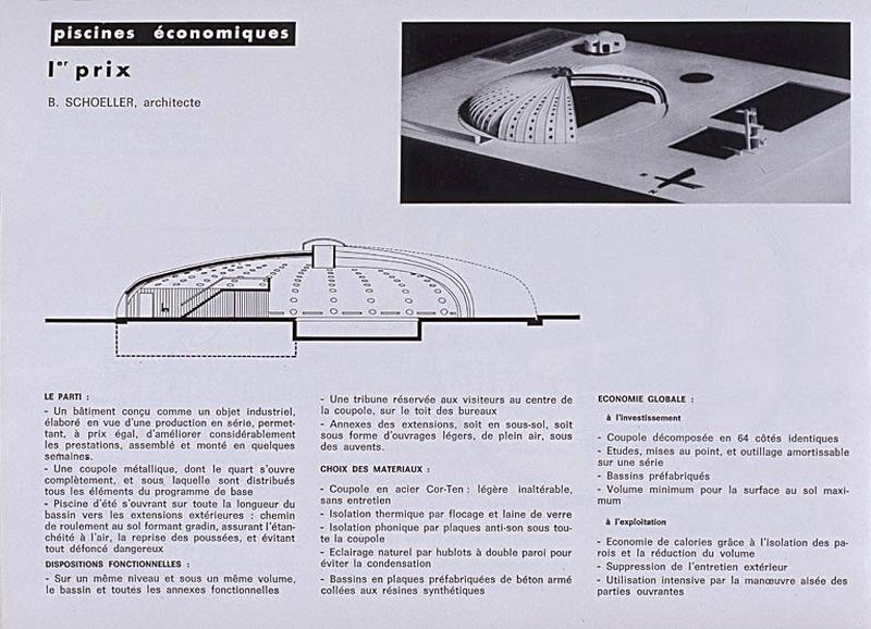 'Opération 1000 piscines' : concours nationaux sur le thème de la piscine, organisé par le Secrétariat à la Jeunesse, aux sports et aux loisirs, 1969-1970 : présentation des projets primés : 1er prix dans la catégorie des piscines économiques, dit piscine Tournesol :vue d'ensemble et coupe transversale.
