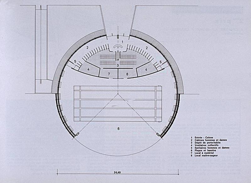 'Opération 1000 piscines' : concours nationaux sur le thème de la piscine, organisé par le Secrétariat à la Jeunesse, aux sports et aux loisirs, 1969-1970 : présentation des projets primés : 1er prix dans la catégorie des piscines économiques, dit piscine Tournesol : plan d'ensemble.