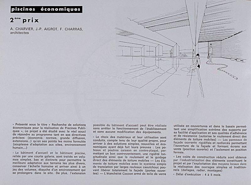 'Opération 1000 piscines' : concours nationaux sur le thème de la piscine, organisé par le Secrétariat à la Jeunesse, aux sports et aux loisirs, 1969-1970 : présentation des projets primés : 2e prix dans la catégorie des piscines économiques : vue générale intérieure.