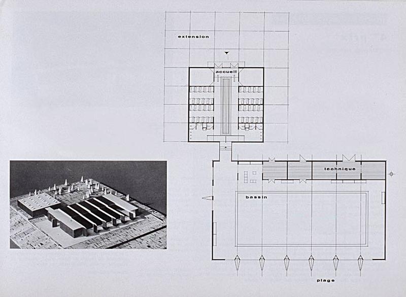 'Opération 1000 piscines' : concours nationaux sur le thème de la piscine, organisé par le Secrétariat à la Jeunesse, aux sports et aux loisirs, 1969-1970 : présentation des projets primés : 2e prix dans la catégorie des piscines économiques : vue générale extérieure et plan d'ensemble.