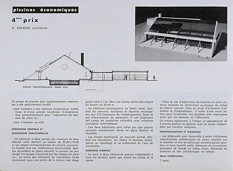 'Opération 1000 piscines' : concours nationaux sur le thème de la piscine, organisé par le Secrétariat à la Jeunesse, aux sports et aux loisirs, 1969-1970 : présentation des projets primés : 4e prix dans la catégorie des piscines économiques : vue générale extérieure et coupe transversale.