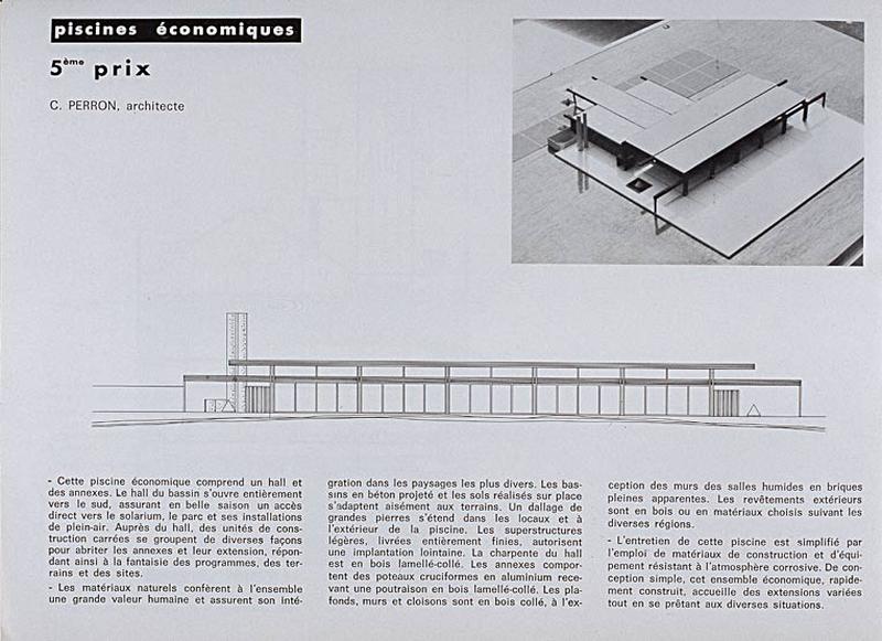 'Opération 1000 piscines' : concours nationaux sur le thème de la piscine, organisé par le Secrétariat à la Jeunesse, aux sports et aux loisirs, 1969-1970 : présentation des projets primés :5e prix dans la catégorie des piscines économiques : vue d'ensemble et élévation longitudinale.