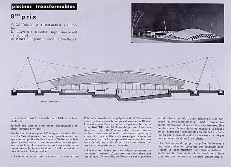 'Opération 1000 piscines' : concours nationaux sur le thème de la piscine, organisé par le Secrétariat à la Jeunesse, aux sports et aux loisirs, 1969-1970 : présentation des projets primés : 8e prix dans la catégorie des piscines transformables :vue d'ensemble, coupe transversale et caractéristiques techniques.