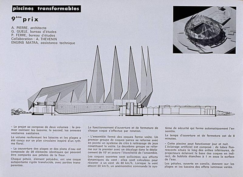 'Opération 1000 piscines' : concours nationaux sur le thème de la piscine, organisé par le Secrétariat à la Jeunesse, aux sports et aux loisirs, 1969-1970 : présentation des projets primés : 9e prix dans la catégorie des piscines transformables :vue d'ensemble, élévation générale et caractéristiques techniques.