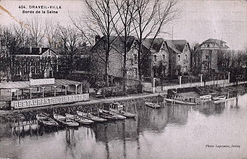 Villas en bord de Seine, le long du quai des Dames, et terrasse du restaurant de Gibraltar.