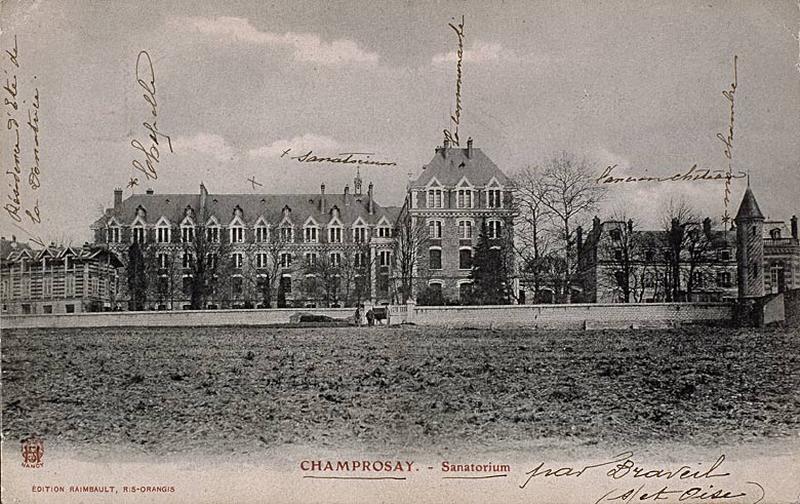 Vue d'ensemble ; de gauche à droite, le chalet Béthanie (résidence d'été de la fondatrice), le bâtiment de la communauté ou pavillon Saint-Michel, le 'pavillon de tête' situé à l'avant de la chapelle, la galerie de liaison et l'ancien château dit pavillon Saint-Gabriel.