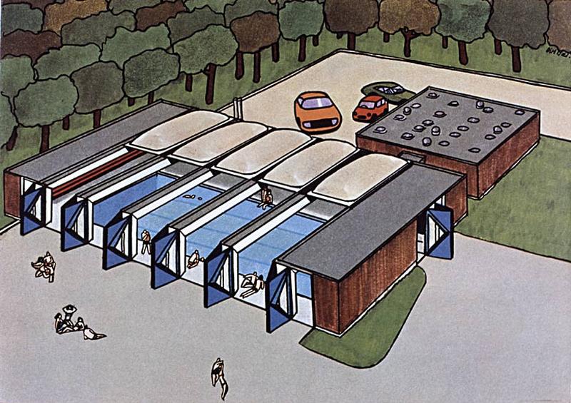 'Opération 1000 piscines' : concours nationaux sur le thème de la piscine, organisé par le Secrétariat à la Jeunesse, aux sports et aux loisirs, 1969-1970 : présentation des projets primés : piscine type Caneton, 4è page de la brochure présentant le prototype.