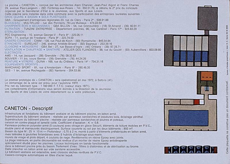 'Opération 1000 piscines' : concours nationaux sur le thème de la piscine, organisé par le Secrétariat à la Jeunesse, aux sports et aux loisirs, 1969-1970 : présentation des projets primés : piscine type Caneton, 5è et dernière page de la brochure de présentation.