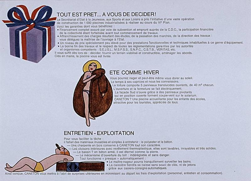'Opération 1000 piscines' : concours nationaux sur le thème de la piscine, organisé par le Secrétariat à la Jeunesse, aux sports et aux loisirs, 1969-1970 : présentation des projets primés : piscine type Caneton, 1è page de la brochure de présentation.