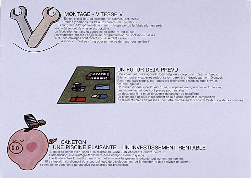 'Opération 1000 piscines' : concours nationaux sur le thème de la piscine, organisé par le Secrétariat à la Jeunesse, aux sports et aux loisirs, 1969-1970 : présentation des projets primés : piscine type Caneton, 3è page de la brochure de présentation.