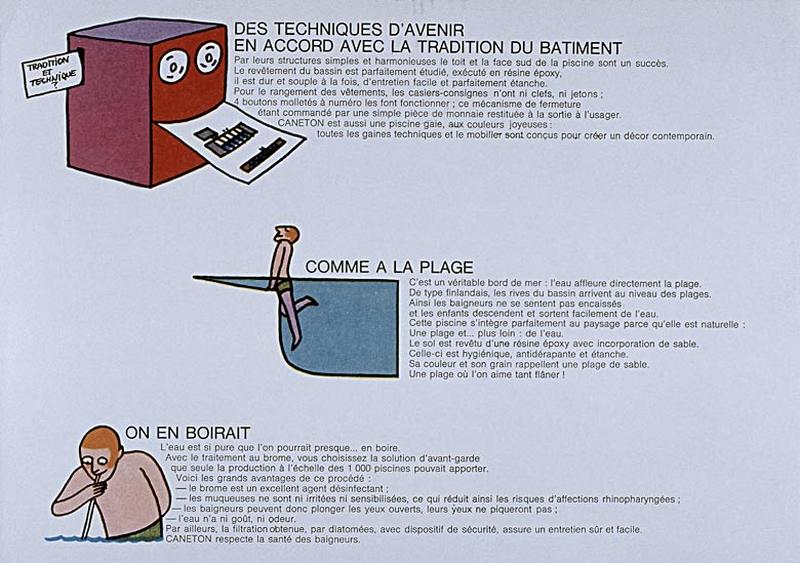 'Opération 1000 piscines' : concours nationaux sur le thème de la piscine, organisé par le Secrétariat à la Jeunesse, aux sports et aux loisirs, 1969-1970 : présentation des projets primés : piscine type Caneton, 2è page de la brochure de présentation.