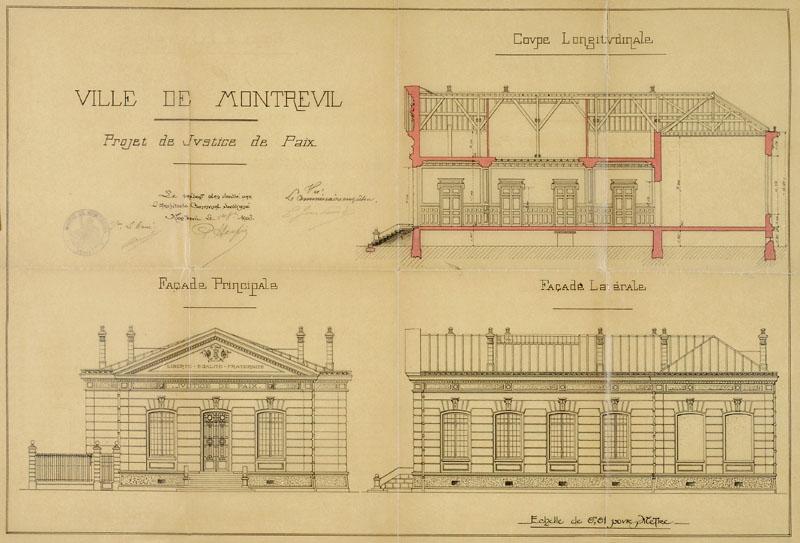 Projet de justice de paix : élévation de la façade, élévation latérale, coupe, par l'entrepreneur Herpin.
