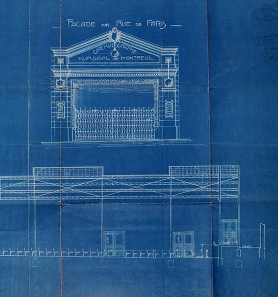 Le Kursaal : élévation sur la rue de Paris et coupe de la structure métallique.