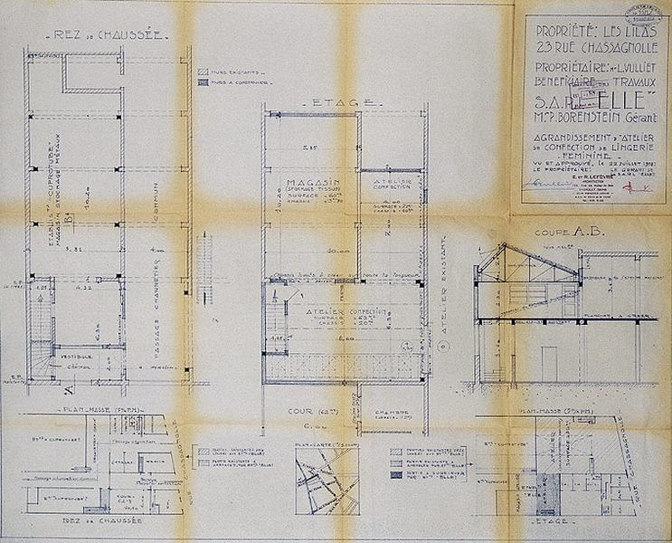 Plan accompagnant une demande de permis de construire : 'Agrandissement d'atelier de confection de lingerie féminine, 23, rue Chassagnolle. Propriétaire : M. L. Vulliet. Bénéficiaire des travaux : SARL 'Elle', M. P. Borenstein gérant'.