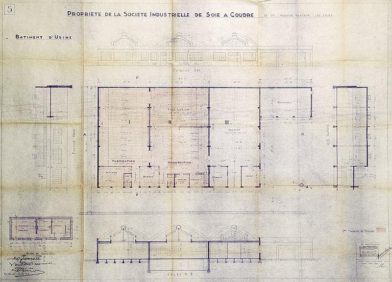 Plan-masse et coupes du bâtiment principal de l'usine, accompagnant une demande de permis de construire.