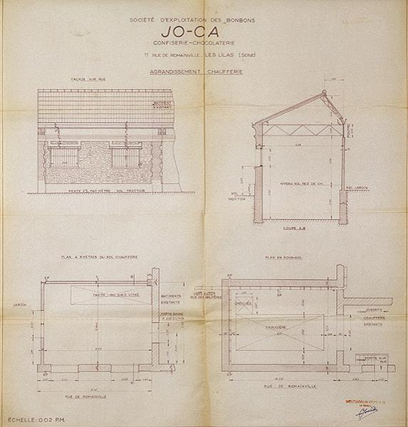 Plan accompagnant une demande de permis de construire : 'Agrandissement chaufferie' (élévation et coupes), 1948.
