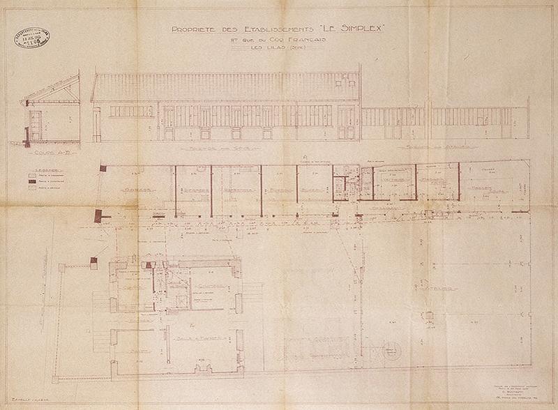 Plan accompagnant une demande de permis de construire : plan-masse, coupe et élévation des bâtiments de la société Le Simplex (maroquinerie), 1945.