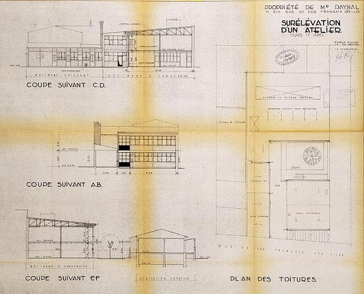 Plan accompagnant une demande de permis de construire : 'surélévation de d'un atelier, état actuel, plans et coupes' (installation de l'imprimerie Raynal, photogravure), 1957.