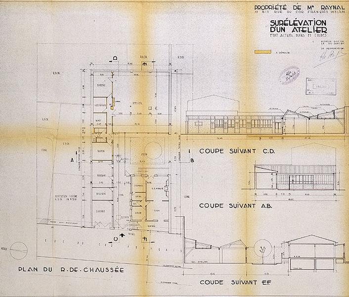 Plan accompagnant une demande de permis de construire : 'surélévation de d'un atelier, façades et coupes' (installation de l'imprimerie Raynal, photogravure), 1957.